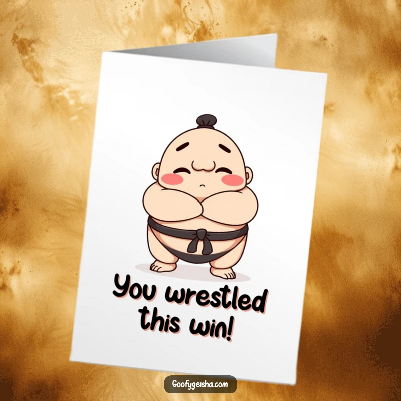 Funny Free Printable Congrats Card: A happy Sumo wrestler character bows respectfully with crossed arms, celebrating a grand achievement.