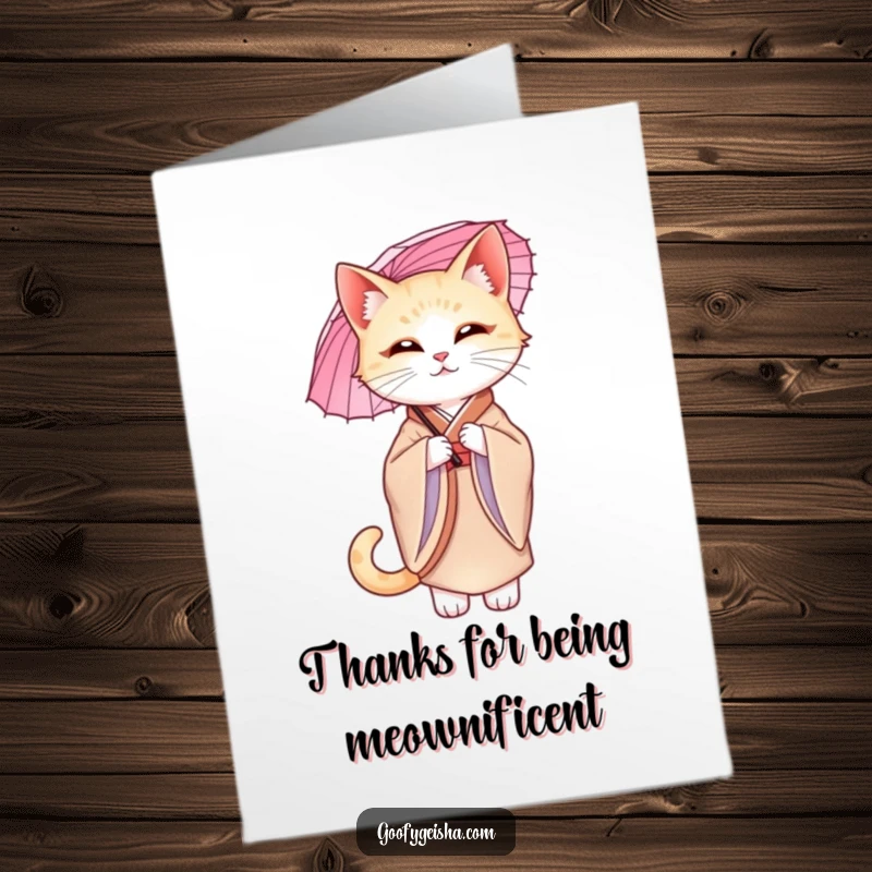 Funny Free Printable Thank You Card: A graceful cat in a silk kimono, holding a parasol with quiet charm.
