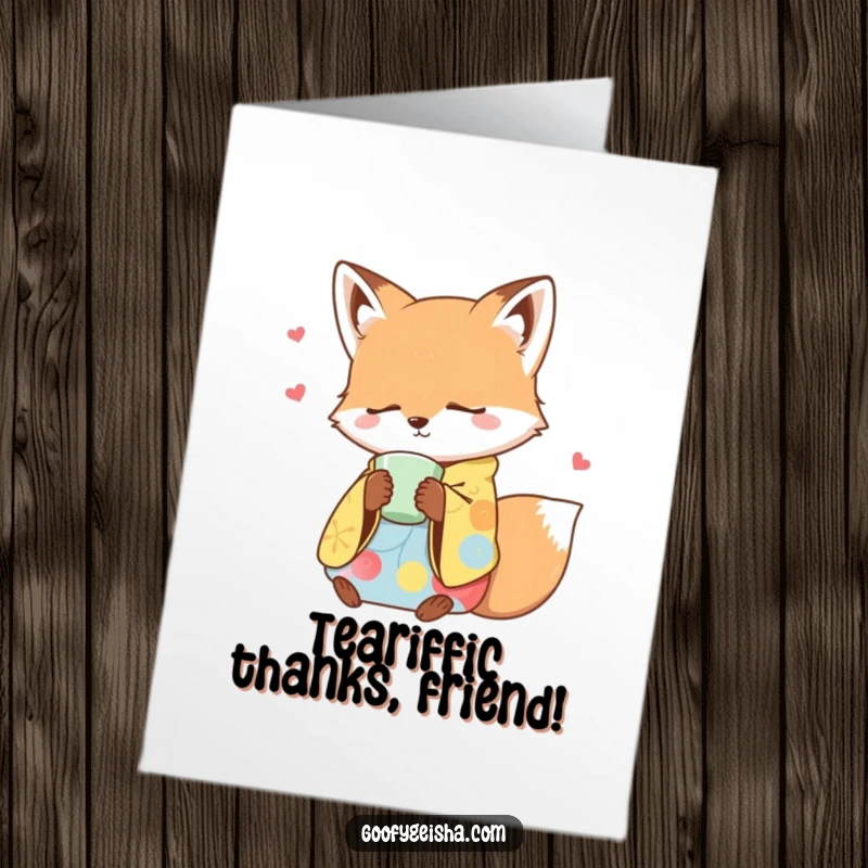 Funny free printable thank you card featuring a sleepy fox in a kimono holding a teacup, conveying thanks in a relaxed manner.