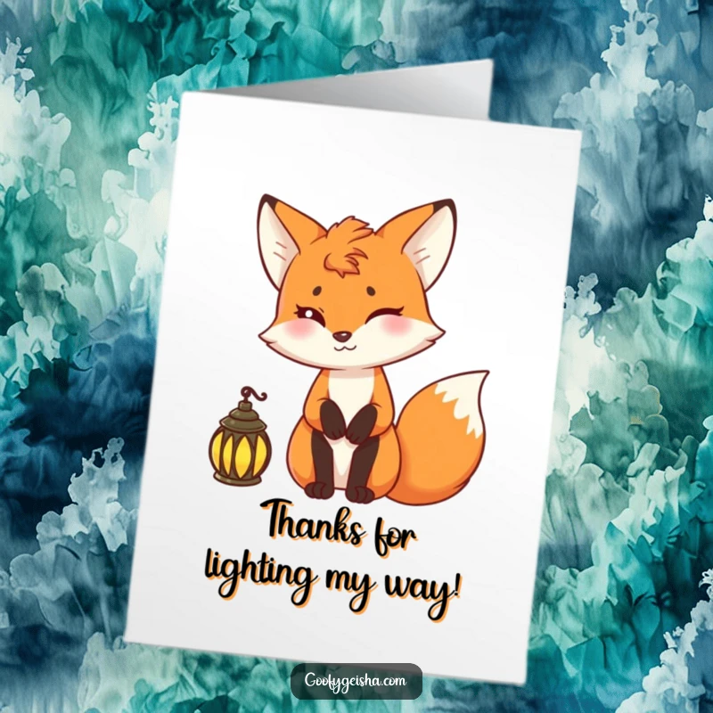 Funny Free Printable Thank You Card: A fox character holding a lantern and offering a mischievous wink.