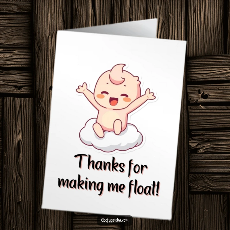Funny Free Printable Thank You Card: Kawaii character leaps with exaggerated joy, touching a fluffy cloud, conveying deep thanks.