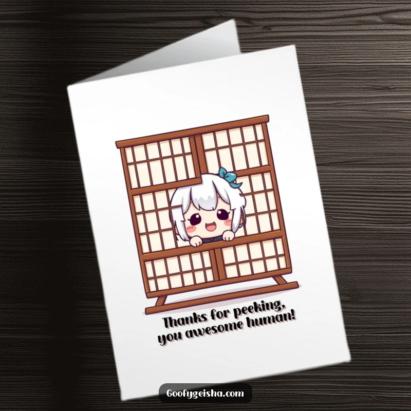 Funny Free Printable Thank You Card: Giggling Kawaii character playfully peeks from behind a Shoji screen, conveying heartfelt thanks.