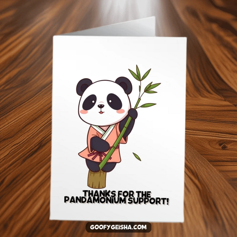 Funny free printable thank you card with a panda in a kimono wobbling precariously on a bamboo stalk, expressing thanks.