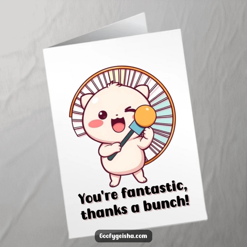 Funny Free Printable Thank You Card: A small, round Kawaii character excitedly holding a giant fan, showing big thanks.