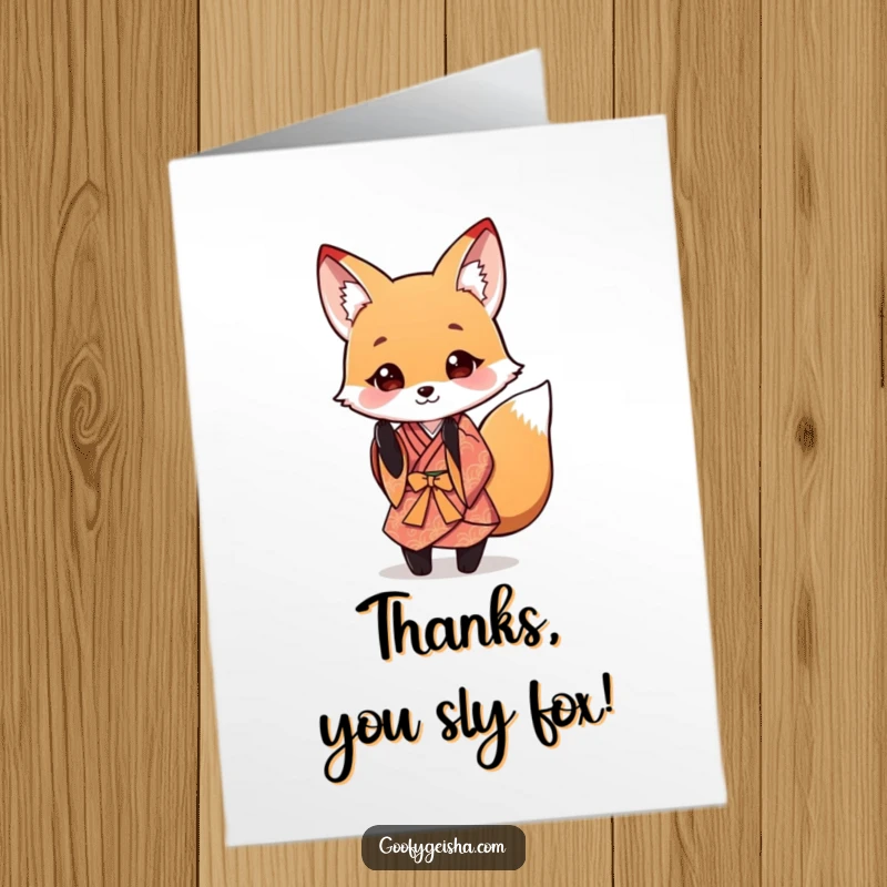 Funny Free Printable Thank You Card: a cute fox character in a miniature kimono giving a respectful, playful bow.