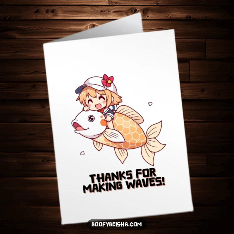 Funny Free Printable Thank You Card: Character happily rides an enormous, elegant koi fish. A charming way to express thanks.