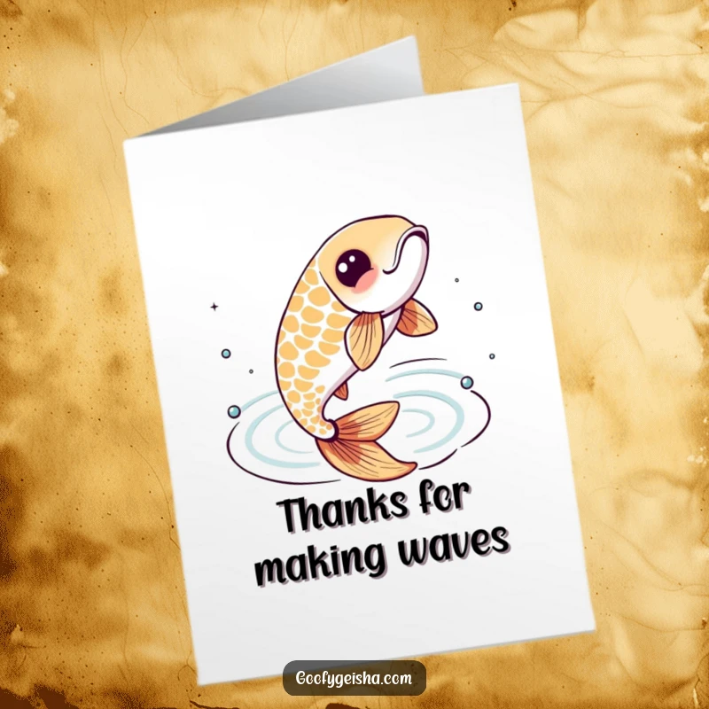 Funny free printable thank you card: Lively koi fish character leaping energetically from stylized water, conveying thanks.
