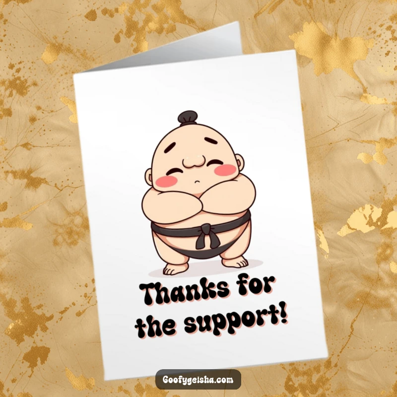 Funny Free Printable Thank You Card: A happy Sumo wrestler character bows with crossed arms, conveying thanks with strength.