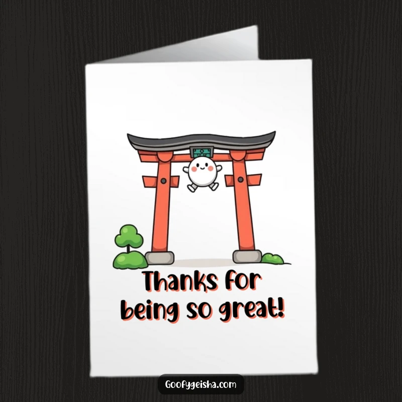 Funny Free Printable Thank You Card: A determined character soaring over a stylized torii gate, a symbol of overcoming challenges.