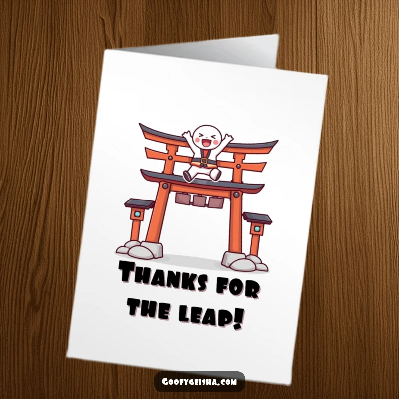 Funny Free Printable Thank You Card: Character makes an epic leap over a Torii gate, conveying hearty thanks. A unique DIY.