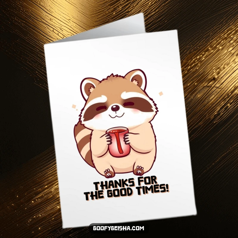 Funny Free Printable Thank You Card: A cute Tanuki character winks mischievously while holding a sake cup, saying thanks.