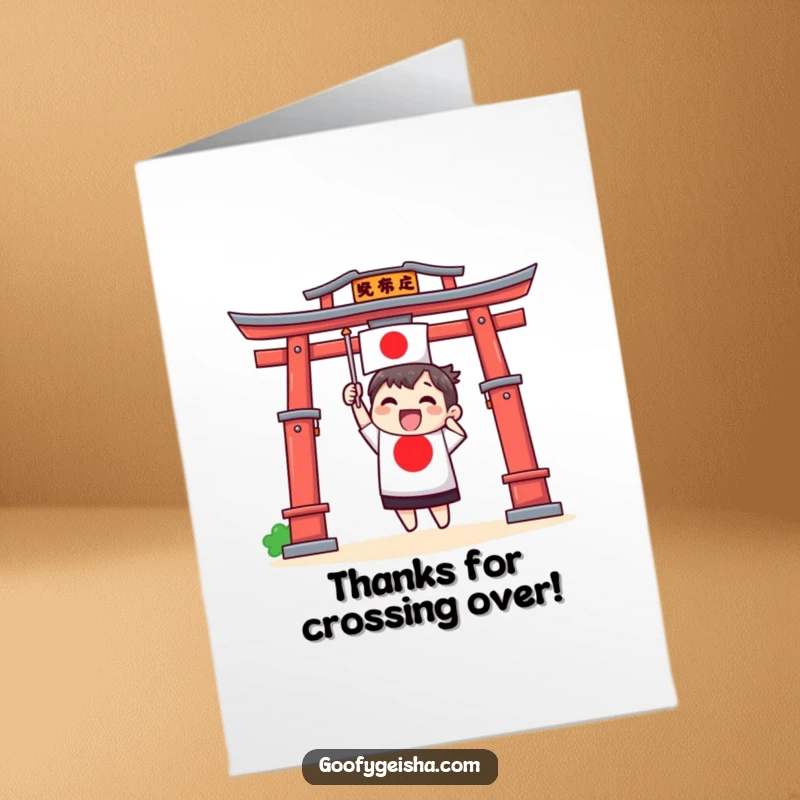 Funny Free Printable Thank You Card: A Torii gate character waving a small Japanese flag, conveying sincere thanks with excitement.