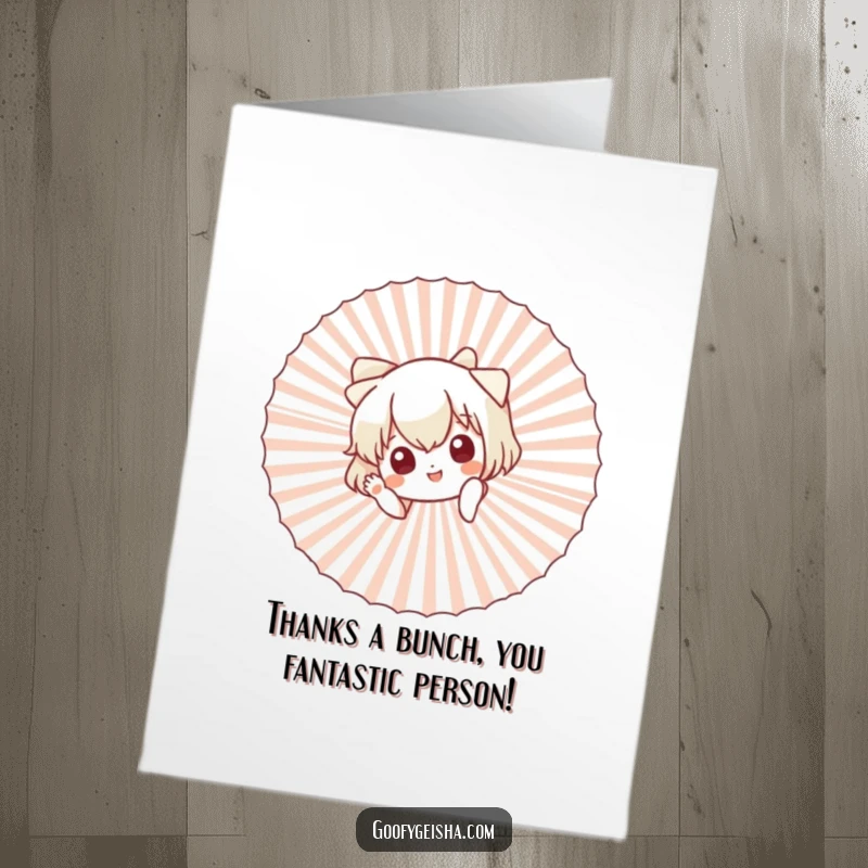 Funny Free Printable Thank You Card: Adorable character peeking from behind a massive fan, offering a cheerful wave.