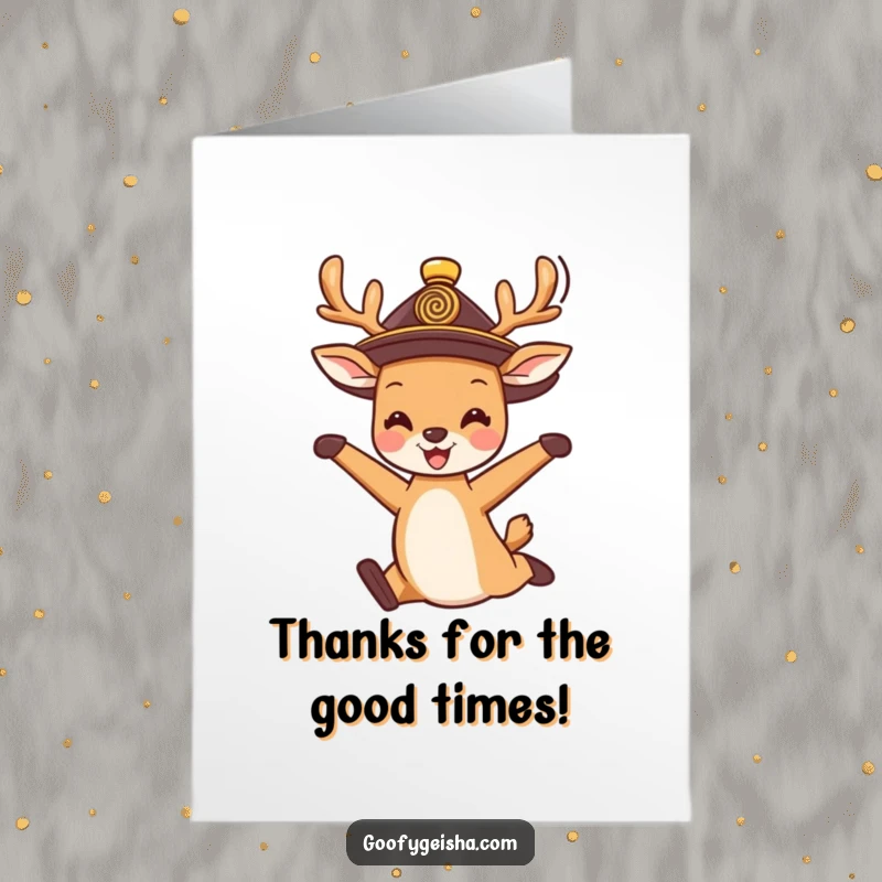 Free Printable Thank You Card: A cute deer with a hat, captured mid-jump with pure joy, a downloadable thank you.