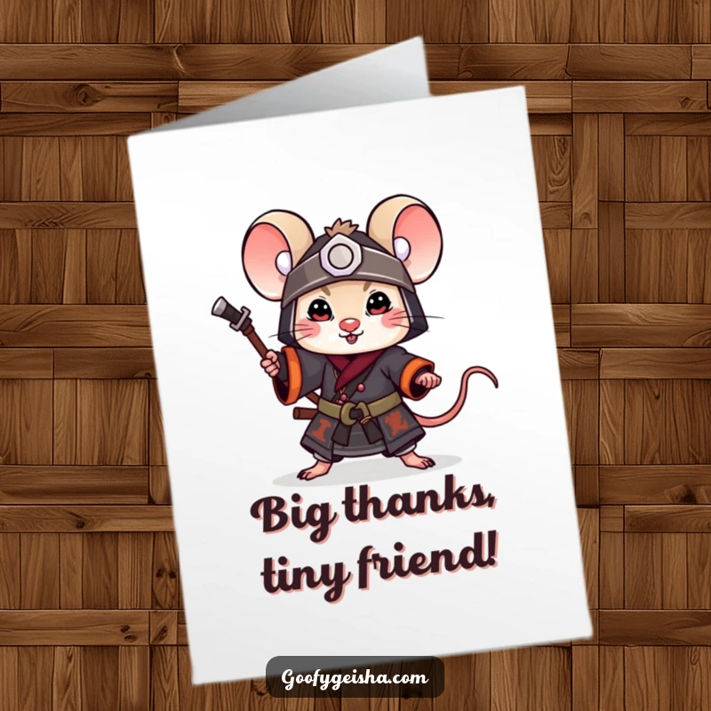 Free Printable Thank You Card: A little mouse as a samurai, striking a playful pose, offering honorable downloadable thanks.