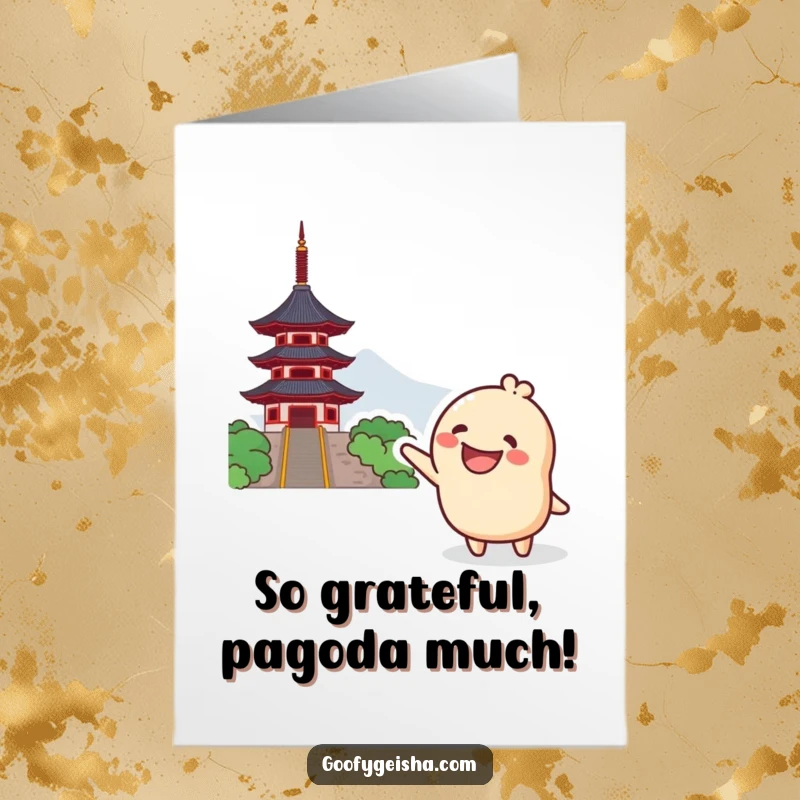 Funny Free Printable Thank You Card: Grinning Kawaii character excitedly points towards a distant pagoda, expressing gratitude.