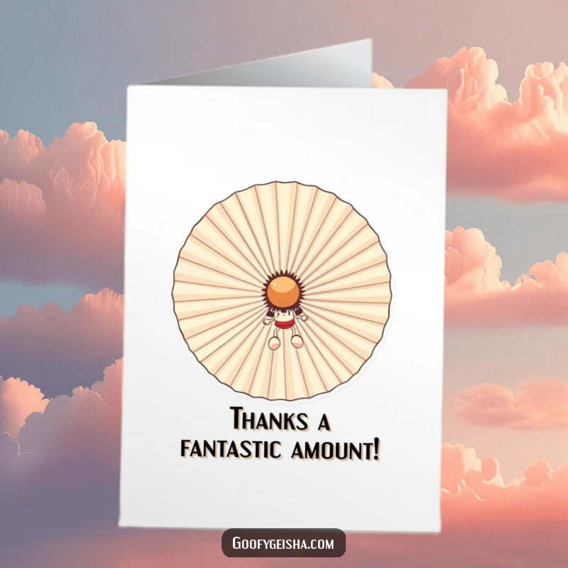 Funny Free Printable Thank You Card: A small character peeks out from behind a giant, smiling fan, offering a unique thank you.