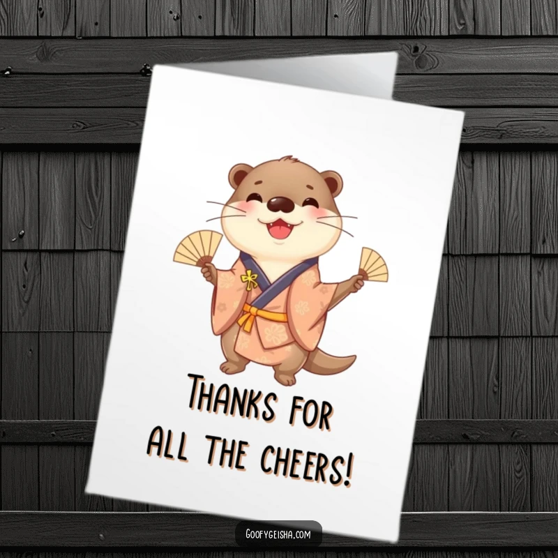 Funny Free Printable Thank You Card: A cheerful otter in a kimono, juggling fans with a happy-go-lucky attitude.