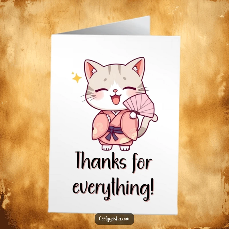Free Printable Thank You Card: Kawaii cat in a kimono, fanning itself with chic enthusiasm, a downloadable thank you.