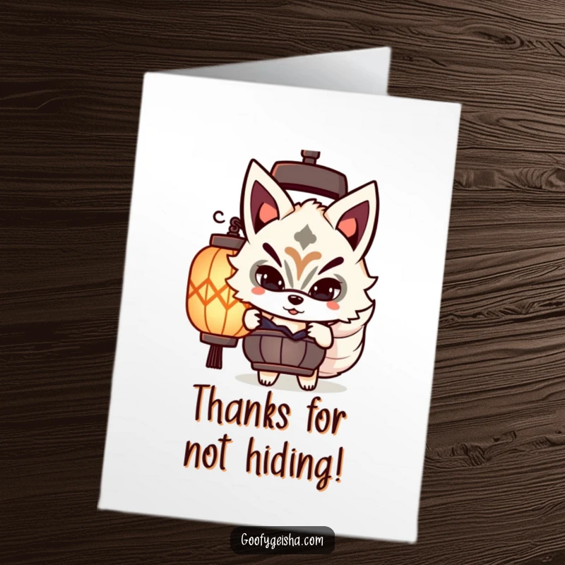Funny Free Printable Thank You Card: A cute Kitsune with a mask peeks from a traditional lantern. A downloadable, print-at-home card for unique thanks.