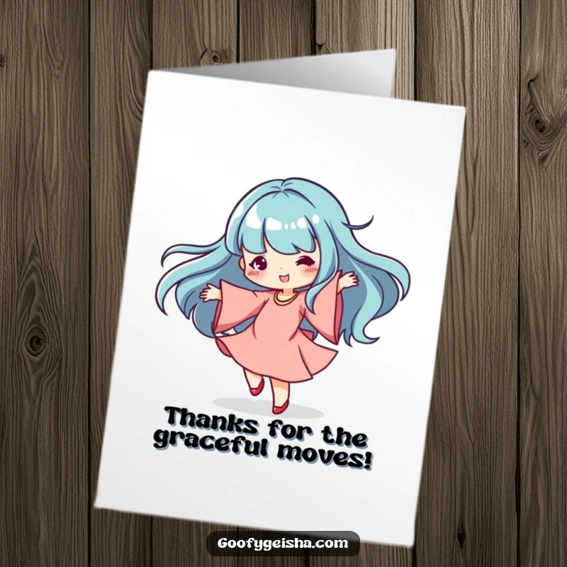 Funny Free Printable Thank You Card: A dancing Kawaii character spins gracefully with flowing sleeves, showing thanks.