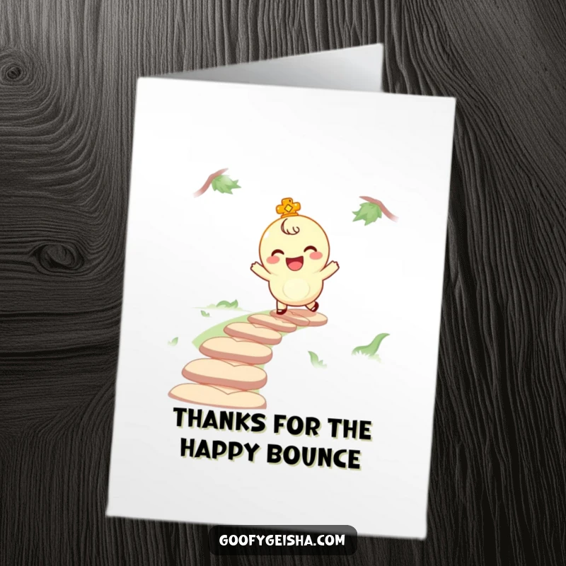 Funny Free Printable Thank You Card of a giggling lucky charm character bouncing along a winding path, conveying cheerful gratitude.