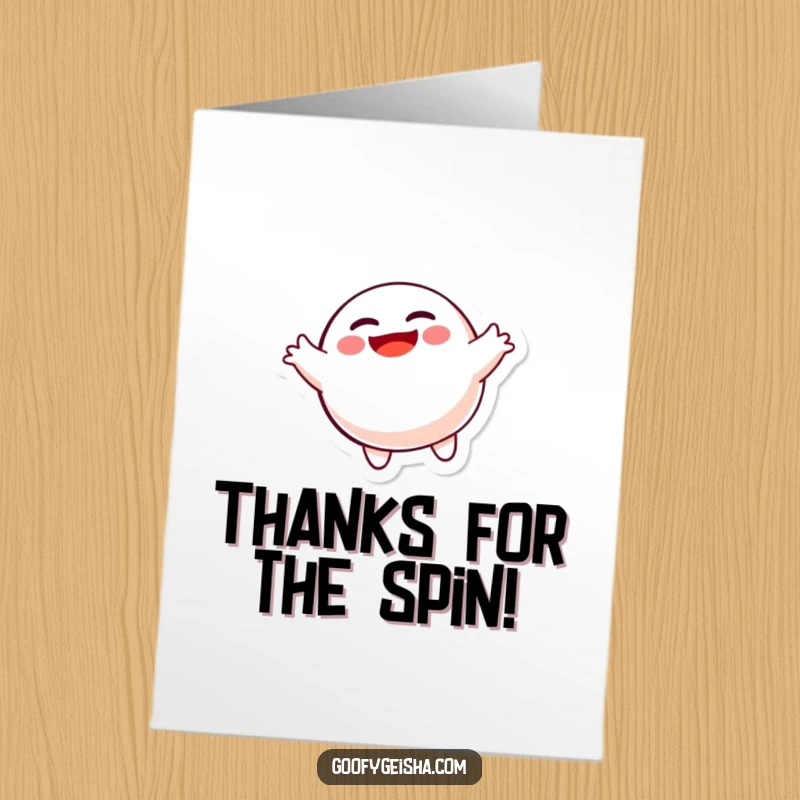 Funny Free Printable Thank You Card: A Daruma doll happily spinning with excitement. A humorous downloadable card to print at home and express thanks.