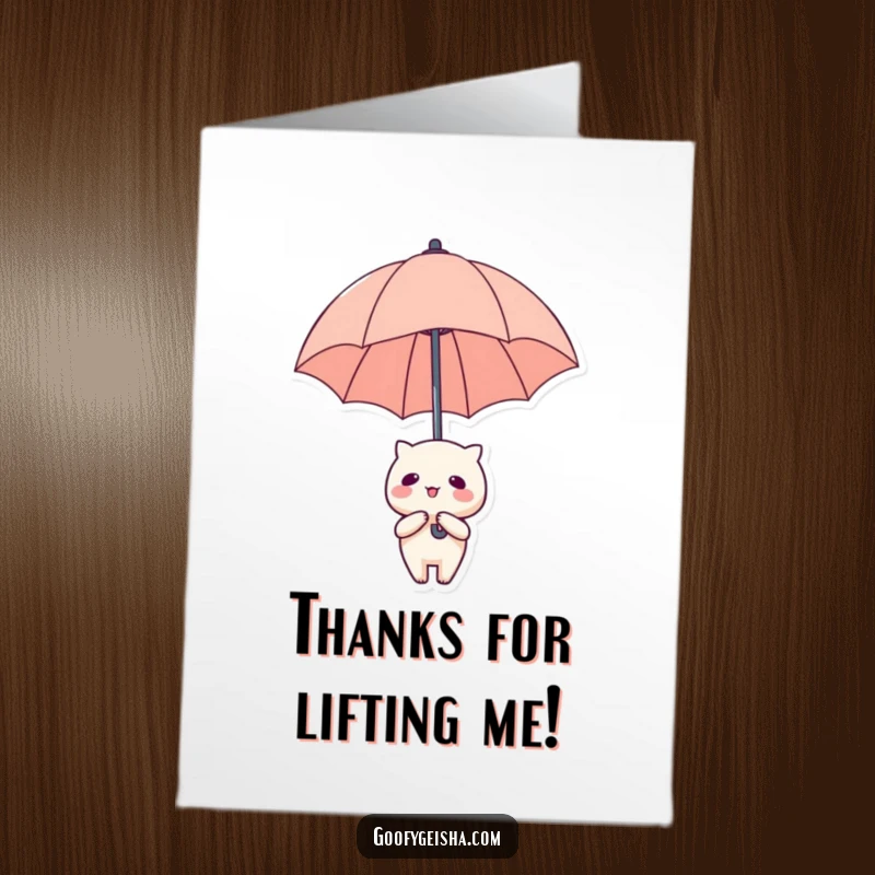 Funny free printable thank you card of a Kawaii character floating upwards with a big umbrella, expressing thanks with a whimsical touch.
