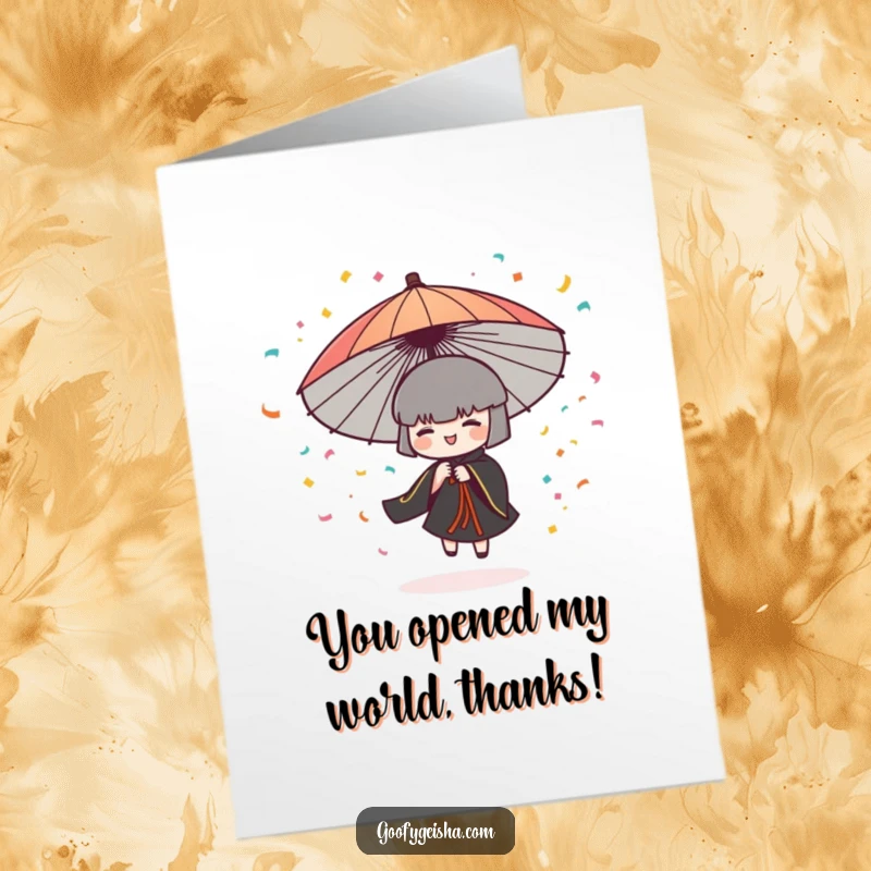 Funny Free Printable Thank You Card: A stylized Japanese umbrella character spins rapidly, showering confetti. Downloadable thanks!