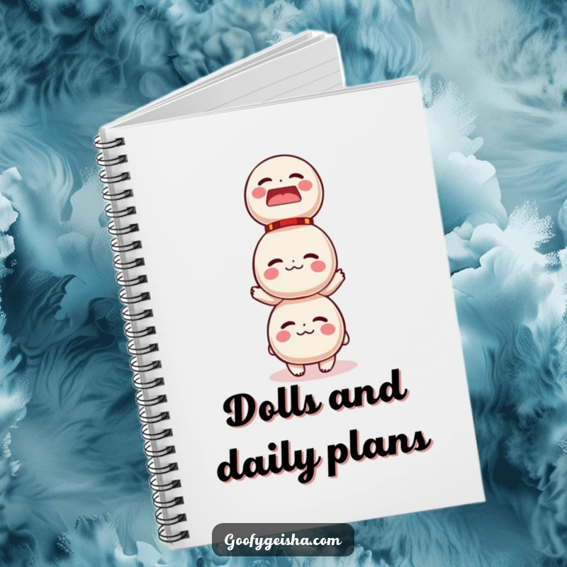 Funny notebook cover with a character struggling to balance a tall stack of Daruma dolls, humorously representing life's to-do lists.