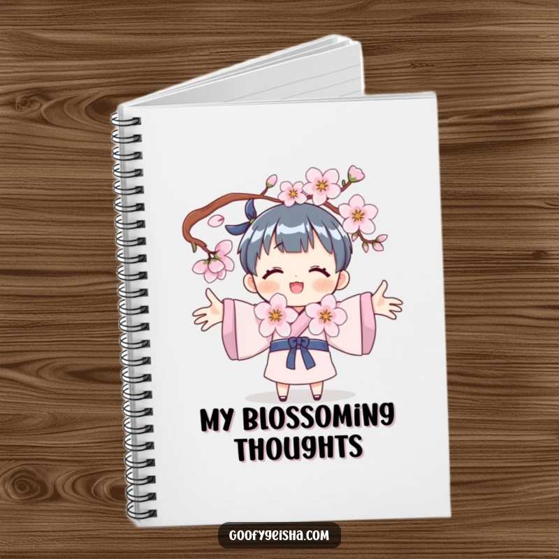 Funny notebook cover with a character joyfully embracing a cherry blossom, perfect for journaling about nature and beauty.