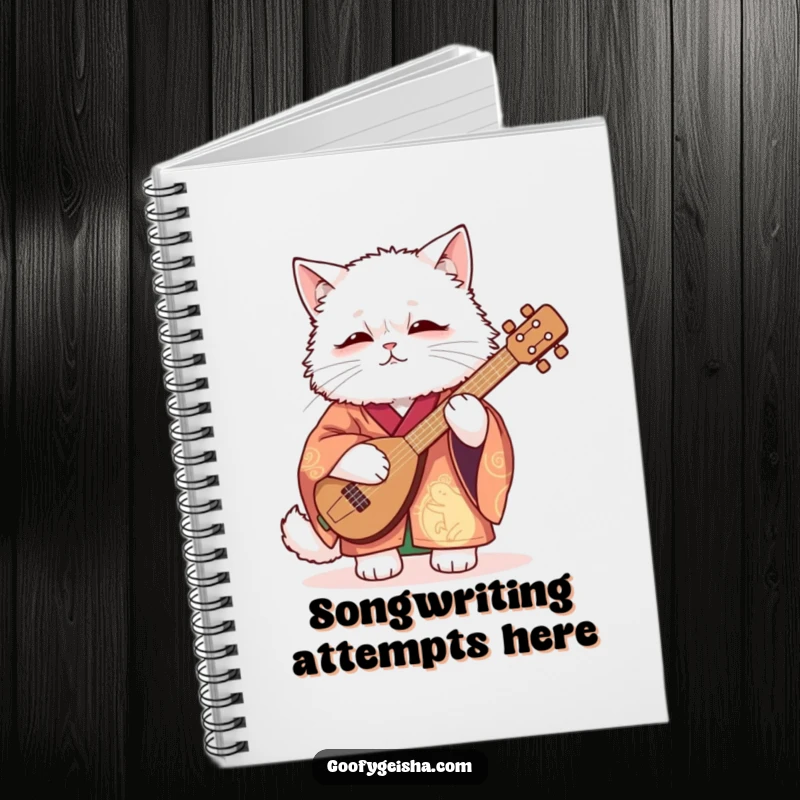 Funny Notebook with a fluffy white cat in a vibrant kimono awkwardly playing a shamisen, perfect for jotting down funny ideas.