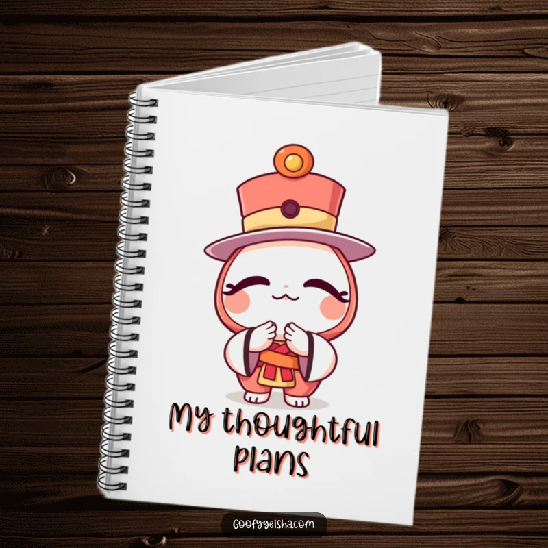 Funny notebook featuring a character wearing a daruma doll top hat, bowing respectfully with an inspiring expression.