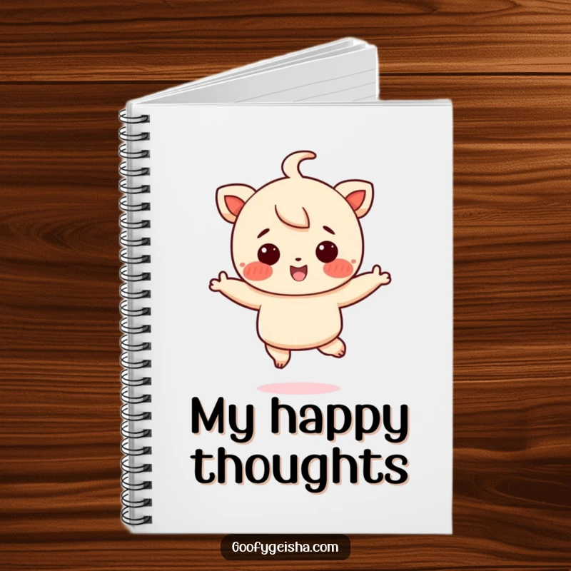 Funny notebook with a rosy-cheeked character joyfully jumping, perfect for writing down happy thoughts and creative ideas.