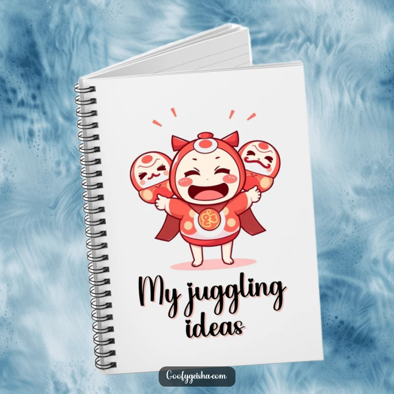 Funny Kawaii Notebook: Bewildered character juggling daruma dolls, inspiring note-taking with humor. Great funny gift.