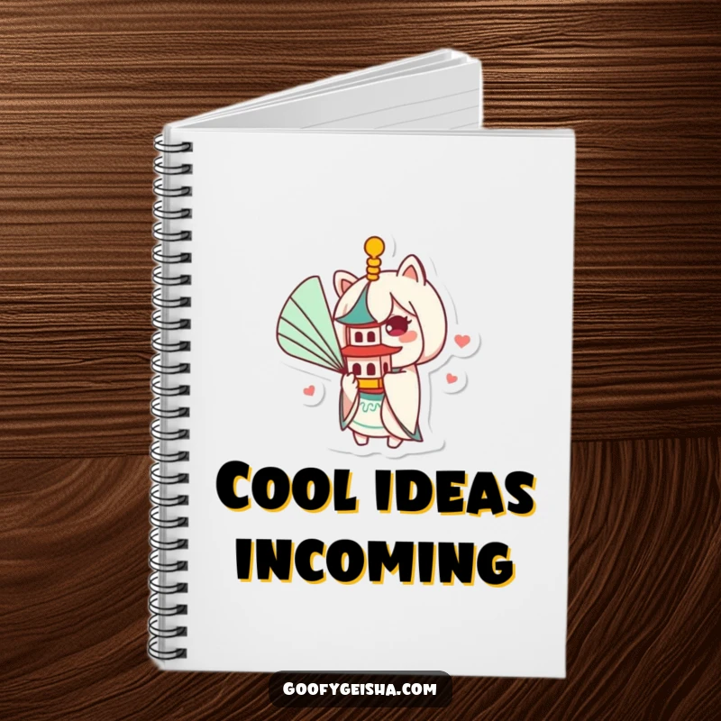 Funny Kawaii notebook showcasing a character fanning a small pagoda, perfect for capturing humorous thoughts and creative ideas with a smile.