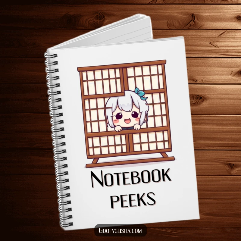Funny Kawaii Notebook: Giggling character peeking behind Shoji screen, inspiring playful note-taking. Great funny gift.