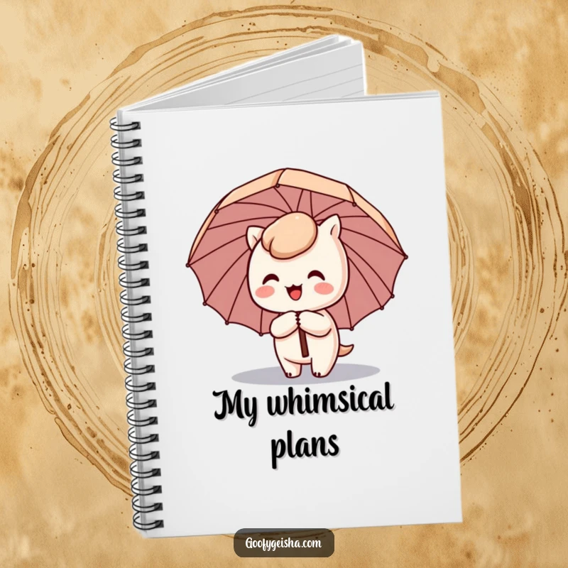 Funny Kawaii notebook with a cute character happily spinning with a comical umbrella tilted sideways, ideal for jotting happy thoughts.