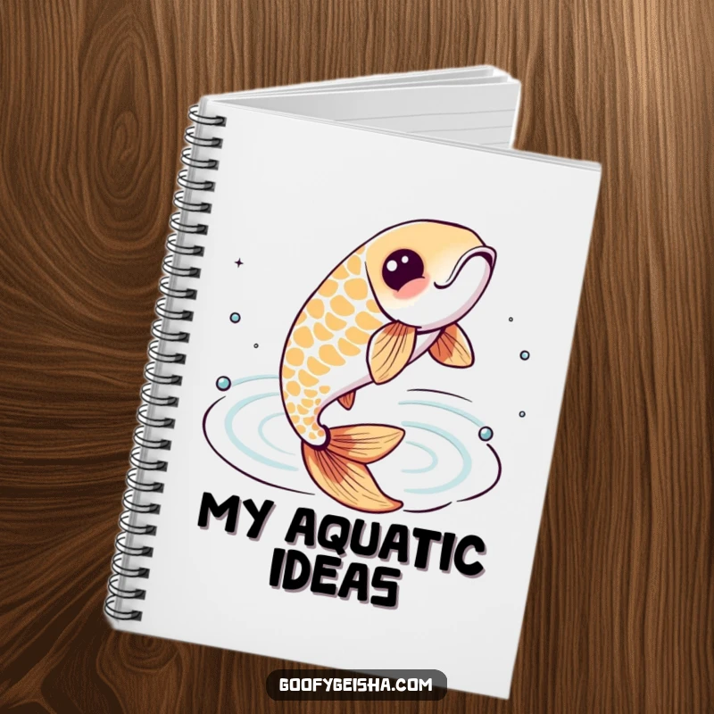 Funny notebook with a lively koi fish character leaping from stylized water ripples, inspiring aquatic ideas on its pages.