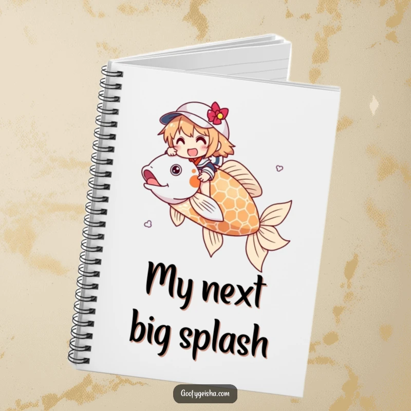 Funny notebook with a character gleefully riding a huge koi fish. Ideal for jotting down ideas with a whimsical, adventurous theme.