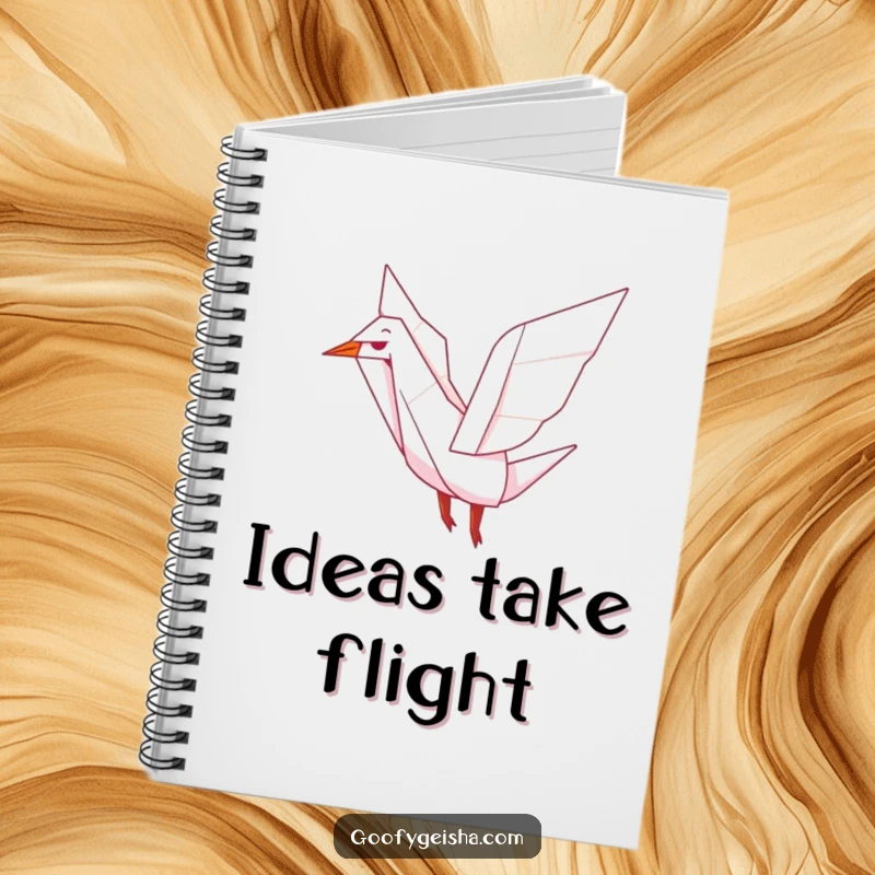 Funny notebook featuring a cute origami crane character flapping its wings, perfect for journaling, sketching, and note-taking with a peaceful vibe.
