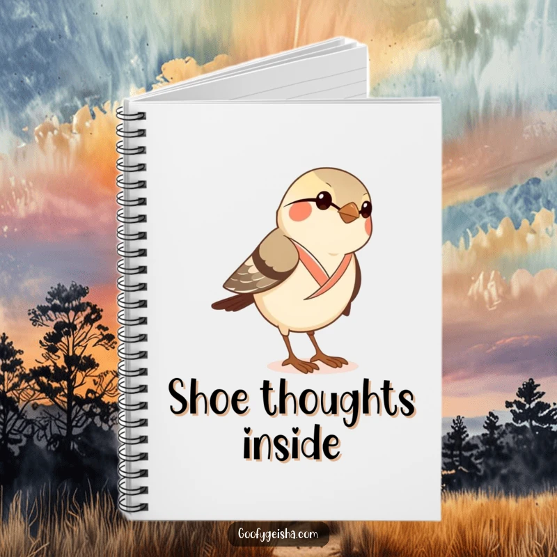 Funny notebook cover featuring a curious sparrow in a dainty kimono attempting to wear geta sandals, perfect for journaling.