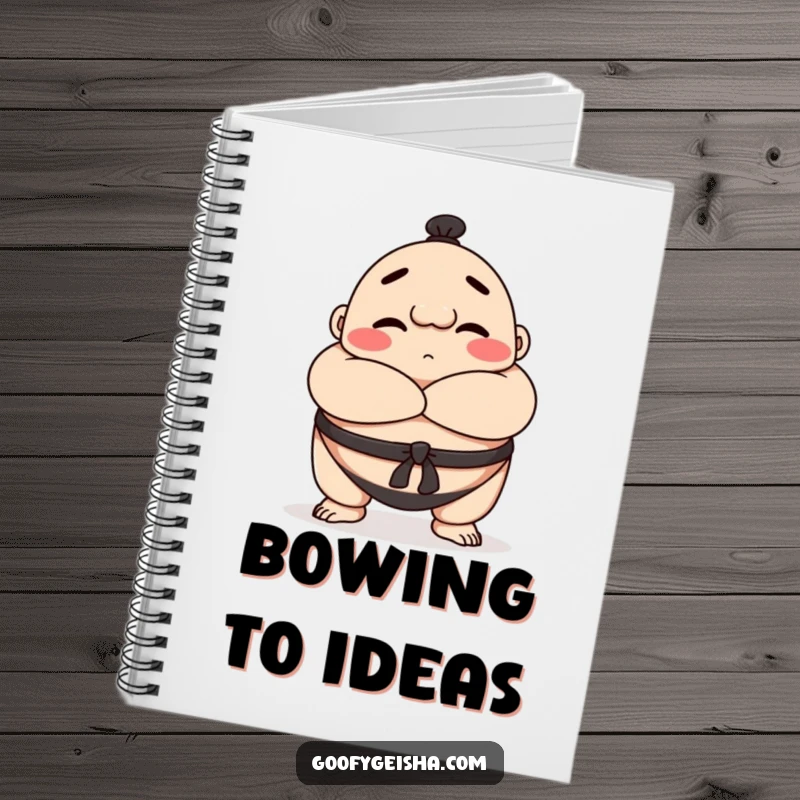 Funny Sumo wrestler notebook featuring a happy bowing character with crossed arms, perfect for jotting down notes and plans.