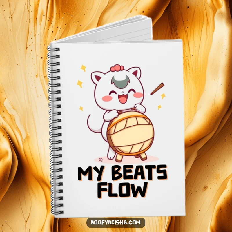 Funny notebook with a Kawaii character happily playing a Taiko drum with exaggerated motions, ideal for notes, lyrics, and musical ideas.