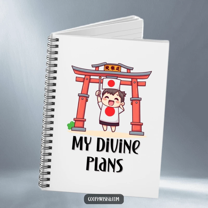 Funny notebook cover displaying an excited Torii gate character waving a tiny Japanese flag, perfect for jotting down cultural thoughts.
