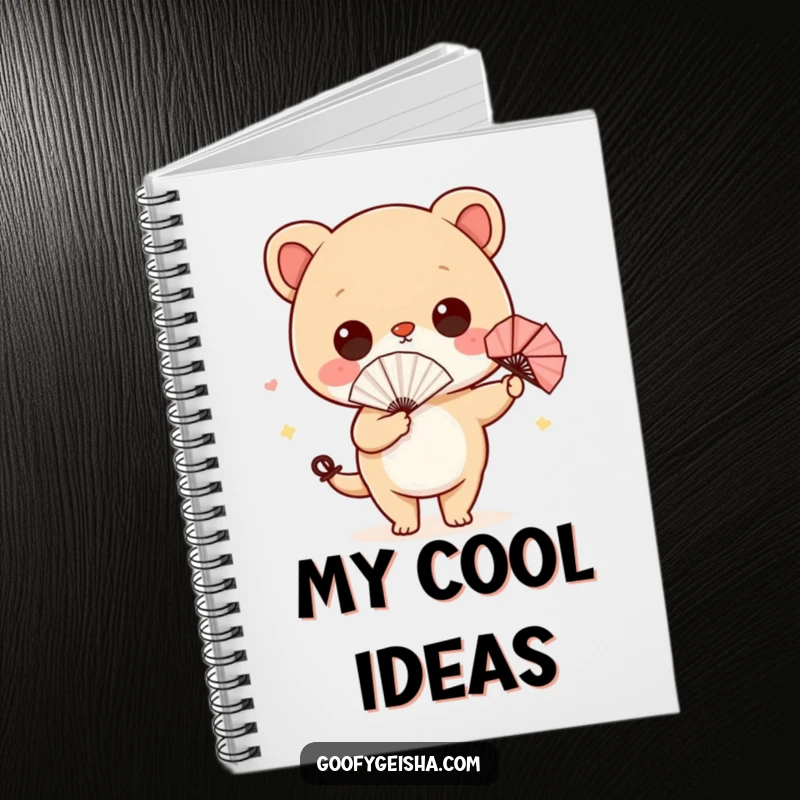 Funny notebook with a cute character and paper fan, humorously wiggling its hips, perfect for jotting down witty notes.