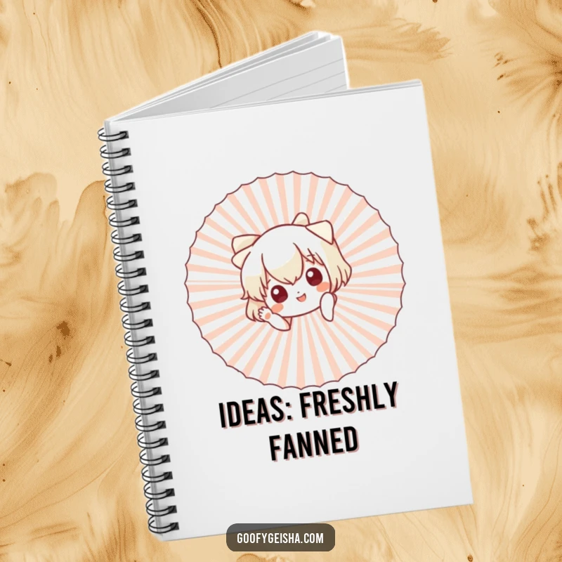 Funny notebook with a cute character peeking from behind a big fan, offering a cheerful, artistic wave.