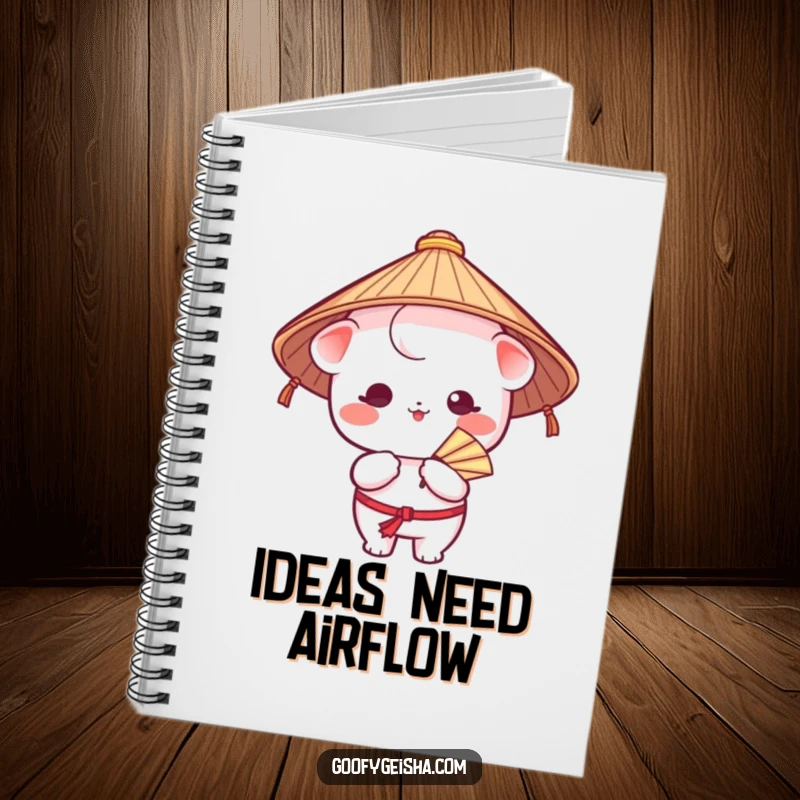 Funny notebook with a Kawaii character in a Japanese hat, humorously fanning itself, perfect for notes, doodles, and funny ideas.