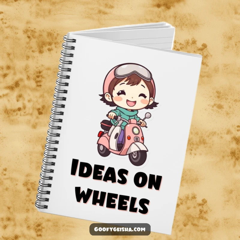 Funny notebook cover with a small, grinning character happily riding a miniature scooter, ideal for jotting down funny notes.