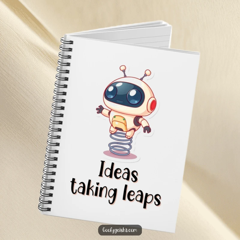 Funny notebook with a tiny round robot character bouncing on a spring, ideal for notes and tech ideas.